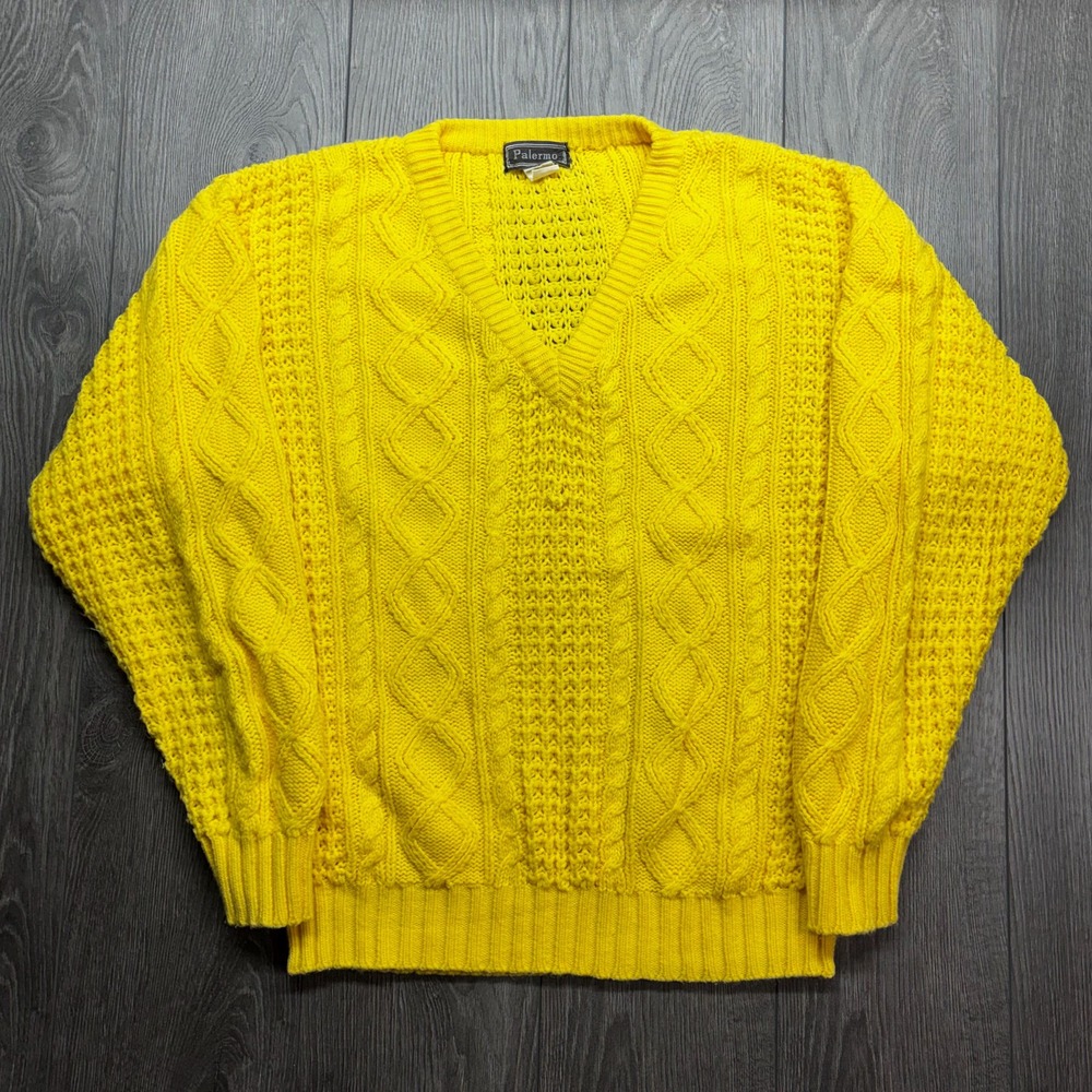 Vintage Palermo 3D Cable Knit Fishermans Sweater Medium Yellow V Neck